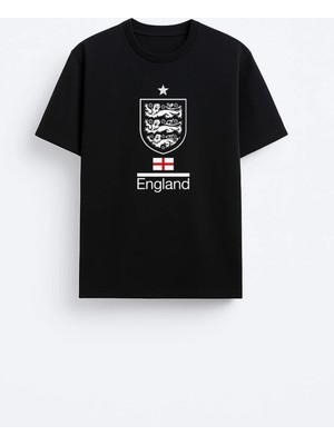 Shain Ingiltere Milli Futbol Takımı Baskılı Pamuklu Kumaş Siyah Tişört T-Shirt