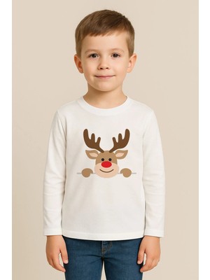 Shain Yeni Yıl Yılbaşı Noel Baba Christmas Baskılı Bisiklet Yaka Çocuk Uzun Kol Tişört Bluz
