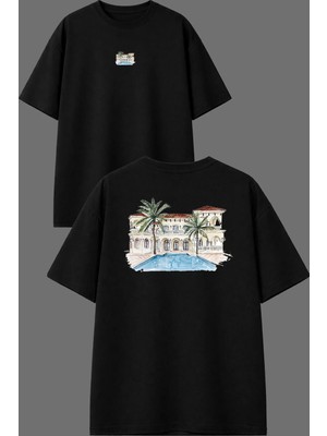 Vsrn Havuzlu Malikane Tasarım Ön Arka Baskılı Siyah Oversize T Shirt