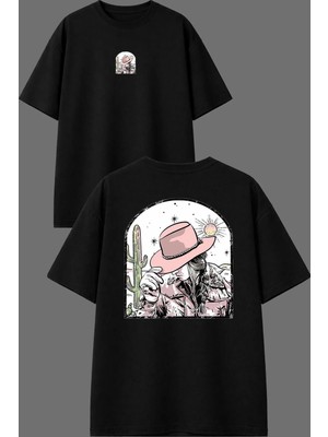 Vsrn Kadın Kovboy Tasarım Ön Arka Baskılı Siyah Oversize T Shirt