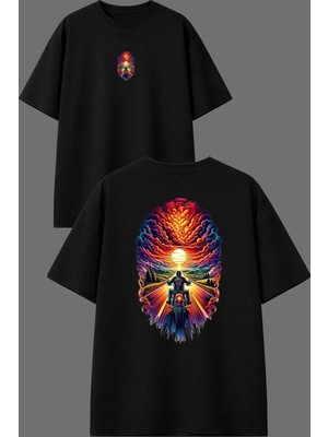 Vsrn Motorcu Gang Tasarım Ön Arka Baskılı Siyah Oversize T Shirt
