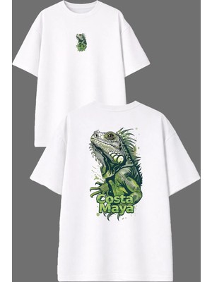 Vsrn Costa Bukalemun Tasarım Ön Arka Baskılı Beyaz Oversize T Shirt