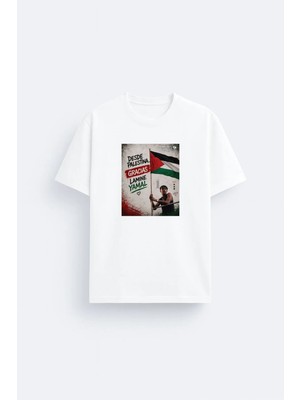Shain Lamine Yamal Filistin Baskılı Pamuklu Kumaş Beyaz Tişört T-Shirt