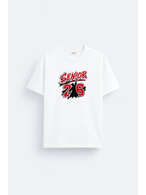 Shain 2026 Mezun Senior Baskılı Pamuklu Kumaş Mezuniyet Beyaz Tişört T-Shirt