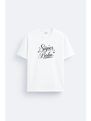 Shain Süper Baba Babalar Günü Baskılı Pamuklu Kumaş Beyaz Tişört T-Shirt