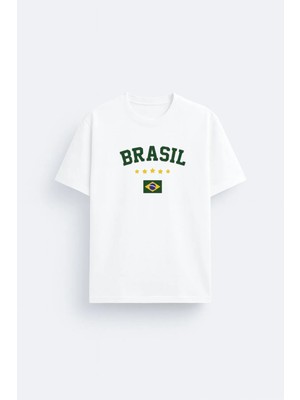 Shain Brasil Brezilya Milli Futbol Takımı Baskılı %100 Pamuklu Kumaş Beyaz Tişört T-Shirt