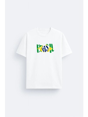 Shain Brasil Brezilya Milli Futbol Takımı Baskılı %100 Pamuklu Kumaş Beyaz Tişört T-Shirt