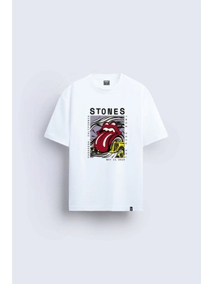 Shain Rolling Stones Baskılı Bisiklet Yaka Beyaz Tişört T-Shirt