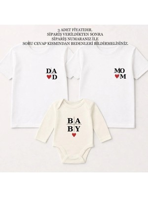Shain Mom Dad Baby Baskılı Cinsiyet Partisi Anne Baba Bebek Aile Beyaz Tişört Ekru Zıbın Kombin
