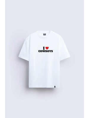 Shain Kovboy Baskılı Bisiklet Yaka Beyaz Tişört T-Shirt