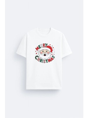 Shain 2026 Yılbaşı Noel Baba Christmas Baskılı Beyaz Bisiklet Yaka Tişört