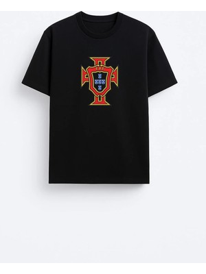 Shain Portekiz Futbol Takımı Baskılı Pamuklu Kumaş Siyah Tişört T-Shirt