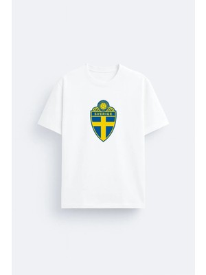 Shain Isveç Milli Futbol Takımı Baskılı Pamuklu Kumaş Beyaz Tişört T-Shirt
