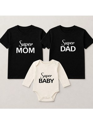 Shain Mom Dad Baby Baskılı Anne Baba Bebek Aile Tişört Zıbın Kombin