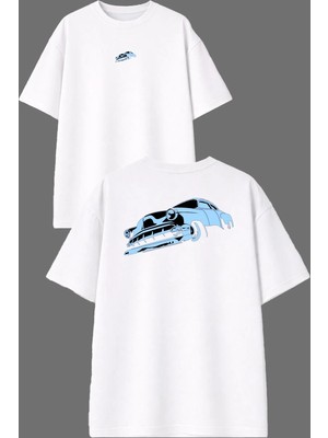 Vsrn Külüstür Araba Tasarım Ön Arka Baskılı Beyaz Oversize T Shirt