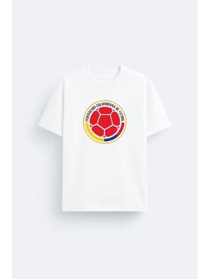Shain Kolombiya Futbol Takımı Dünya Kupası Baskılı Pamuklu Kumaş Beyaz Tişört T-Shirt