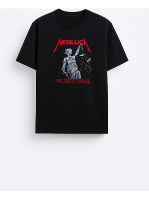 Shain Metallica Müzik Grubu Baskılı Bisiklet Yaka Unisex Siyah Tişört T-Shirt