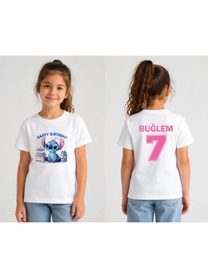 Shain Kişiye Özel Isim ve Numara Doğum Günü Baskılı Beyaz Kız Çocuk Tişört T-Shirt