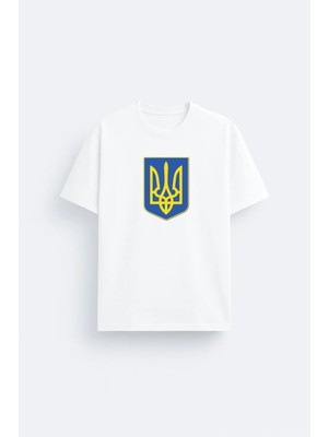 Shain Ukrayna Bayrak Baskılı %100 Pamuklu Kumaş Beyaz Tişört T-Shirt