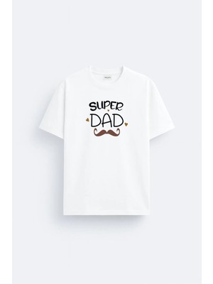 Shain Süper Baba Dad Babalar Günü Baskılı Pamuklu Kumaş Beyaz Tişört T-Shirt