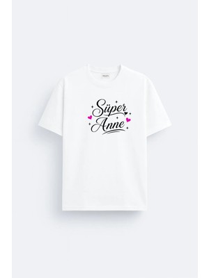 Shain Süper Anne Baskılı Pamuklu Kumaş Beyaz Tişört T-Shirt