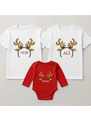 Shain Kişiye Isme Özel Yılbaşı Noel Baba Christmas Baskılı Anne Baba Bebek Aile Tişört Zıbın Kombin