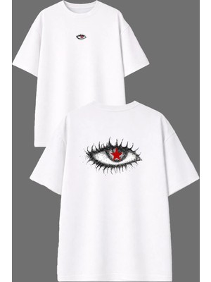 Vsrn Yıldız Göz Tasarım Ön Arka Baskılı Beyaz Oversize T Shirt
