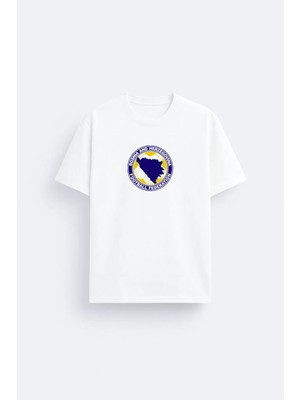 Shain Bosna Hersek Milli Futbol Takımı Baskılı %100 Pamuklu Kumaş Beyaz Tişört T-Shirt