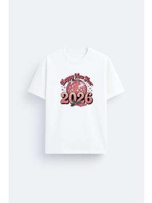 Shain 2026 Yılbaşı Noel Baba Christmas Baskılı Beyaz Bisiklet Yaka Tişört