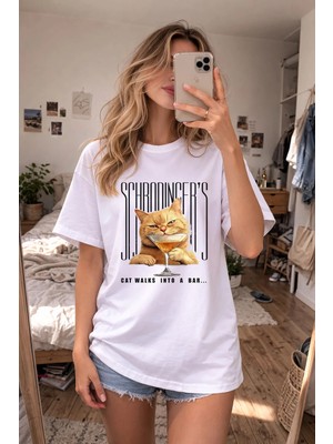 Shain Kedi Cat Baskılı Bisiklet Yaka Beyaz Tişört T-Shirt
