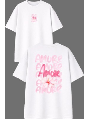 Vsrn Amorr Tasarım Ön Arka Baskılı Beyaz Oversize T Shirt