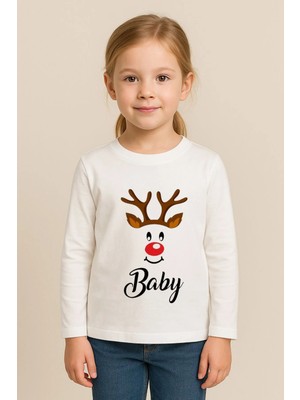 Shain Yeni Yıl Yılbaşı Noel Baba Christmas Baskılı Bisiklet Yaka Çocuk Uzun Kol Tişört Bluz