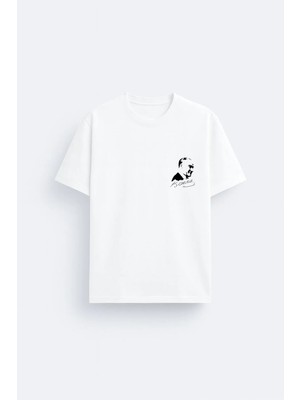 Shain Mustafa Kemal Atatürk Göğüs Baskılı %100 Pamuklu Kumaş Beyaz Tişört T-Shirt