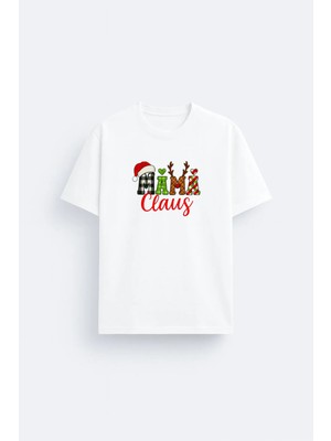 Shain Mama Mommy Anne Yılbaşı Noel Baba Christmas Baskılı Beyaz Bisiklet Yaka Tişört