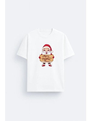 Shain Yeni Yıl 2026 Yılbaşı Noel Baba Christmas Baskılı Beyaz Bisiklet Yaka Tişört