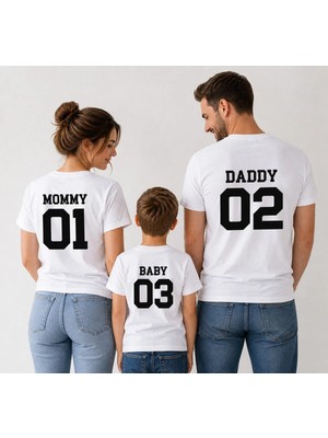 Shain Kişiye Özel Isim ve Numara Baskılı Beyaz Anne Baba Çocuk Kombin Tişört T-Shirt
