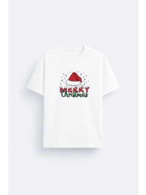 Shain 2026 Yeni Yıl Yılbaşı Noel Baba Christmas Baskılı Beyaz Bisiklet Yaka Tişört