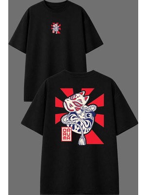 Vsrn Japon Kedi Tasarım Ön Arka Baskılı Siyah Oversize T Shirt
