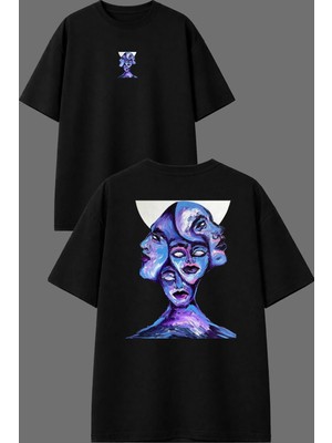 Vsrn Mor Çizim Tasarım Ön Arka Baskılı Siyah Oversize T Shirt