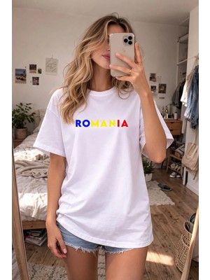 Shain Romanya Baskılı Bisiklet Yaka Beyaz Tişört T-Shirt