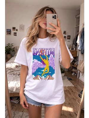 Shain Ledzeppelin Baskılı Bisiklet Yaka Beyaz Tişört T-Shirt