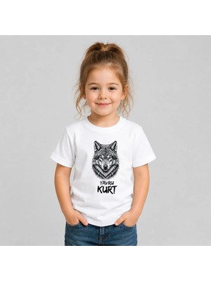 Shain Yavru Kurt Yazılı Kurt Baskılı Pamuklu Kumaş Beyaz Tişört T-Shirt