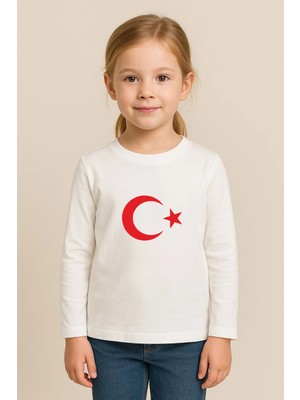 Shain Türk Bayrağı Ay Yıldız Baskılı Beyaz Bisiklet Yaka Çocuk Tişört Bluz