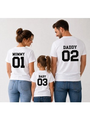 Shain Kişiye Özel Isim ve Numara Baskılı Beyaz Anne Baba Çocuk Kombin Tişört T-Shirt
