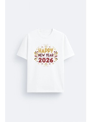 Shain 2026 Yılbaşı Noel Baba Christmas Baskılı Beyaz Bisiklet Yaka Tişört