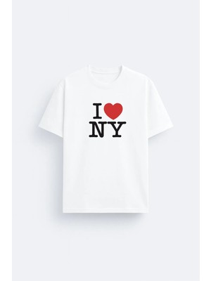 Shain I Love New York Baskılı %100 Pamuklu Kumaş Beyaz Tişört T-Shirt