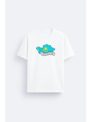 Shain Kazakistan Bayrak Baskılı %100 Pamuklu Kumaş Beyaz Tişört T-Shirt