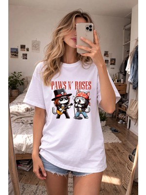 Shain Guns'n Roses Cats Baskılı Bisiklet Yaka Beyaz Tişört T-Shirt