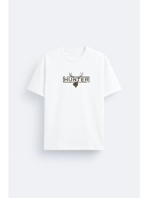 Shain Avcı Hunter Baskılı Bisiklet Yaka Beyaz Tişört T-Shirt