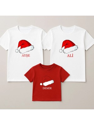 Shain Kişiye Isme Öze Yılbaşı Noel Baba Şapkası Christmas Baskılı Anne Baba Çocuk Aile Tişört Kombin